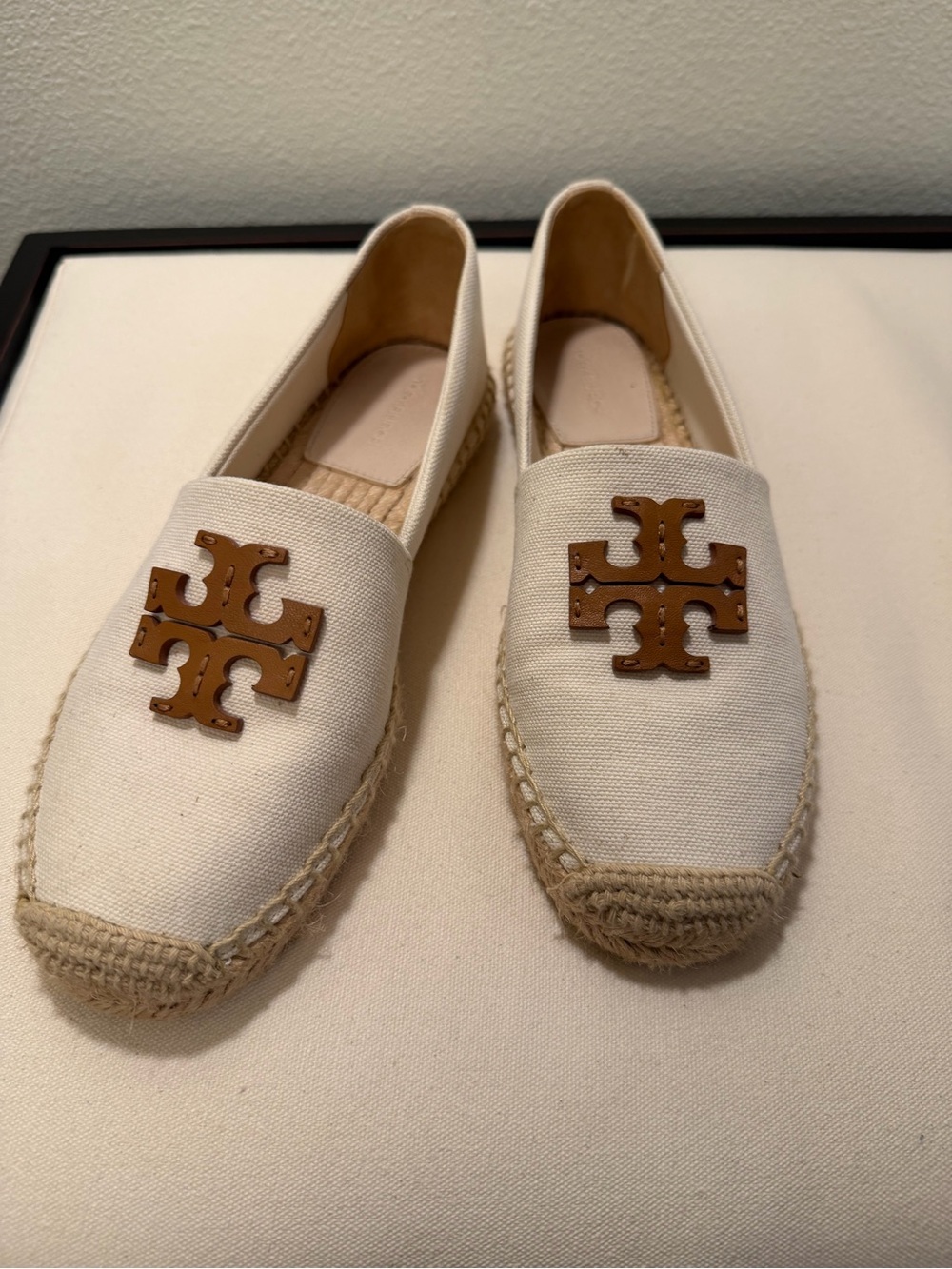 Tory Burch Cream Canvas Espadrille Loafers with Tan Logo Medallion